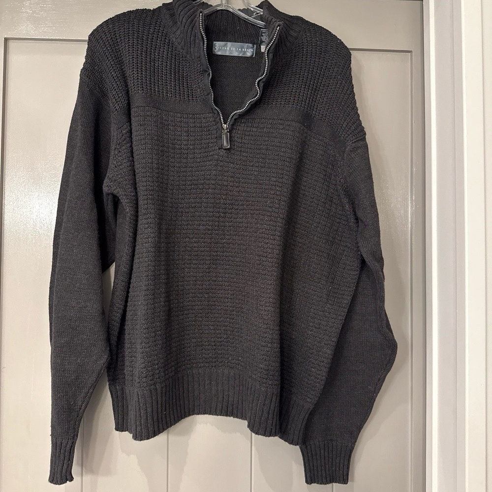 Oscar de la Renta Mens Charcoal Grey Quarter Zip Knit Sweater XL Cotton Blend‎